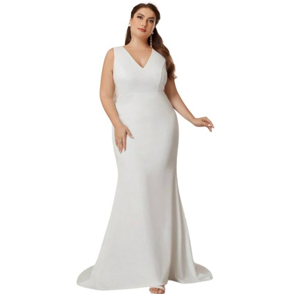 Dresses & Skirts - White Lace Splicing & Oversized Fishtail Hem Wedding Dress